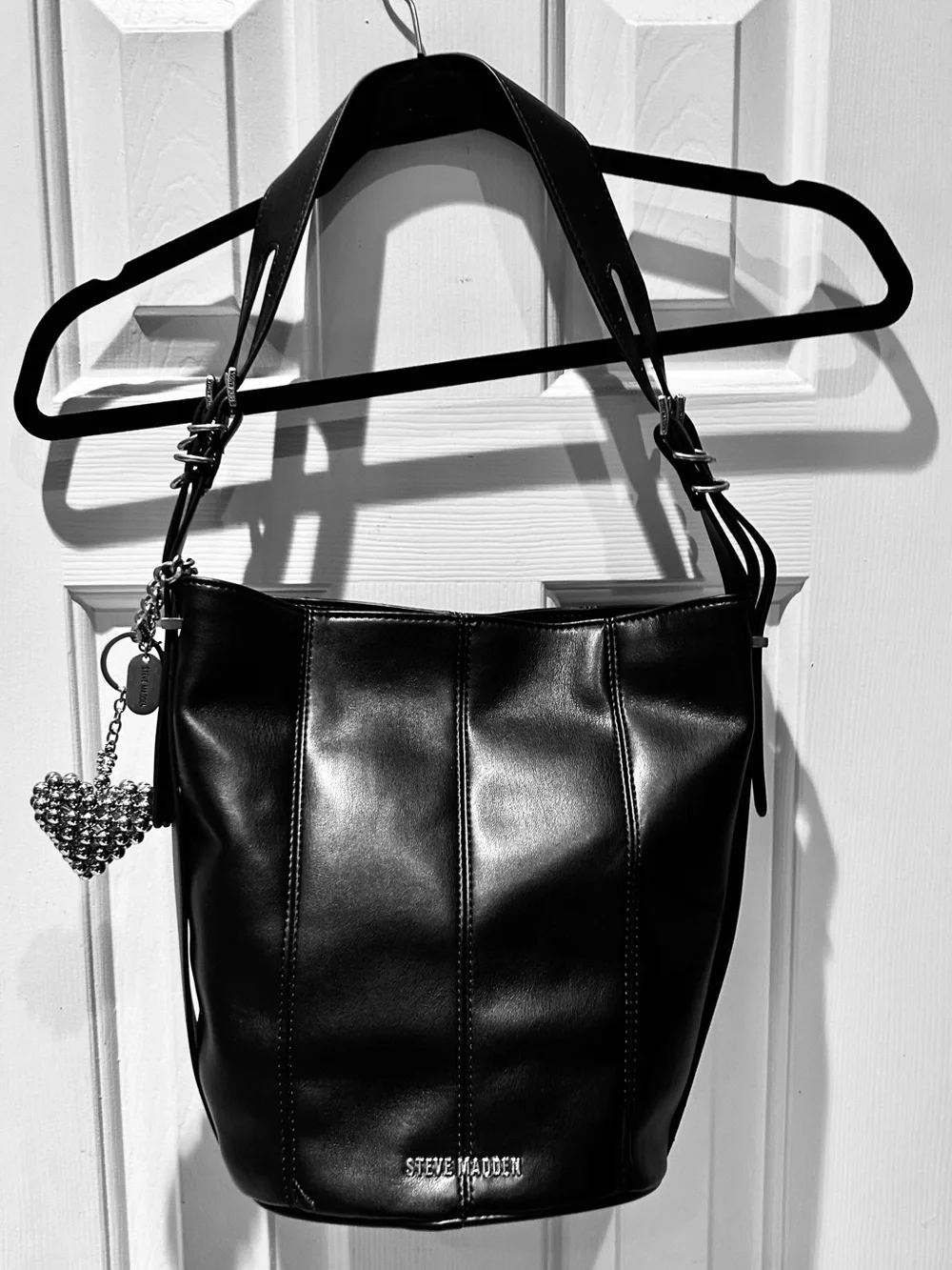 Steve Madden Black Leather Bucket Shoulder Bag with Gold Heart Charm